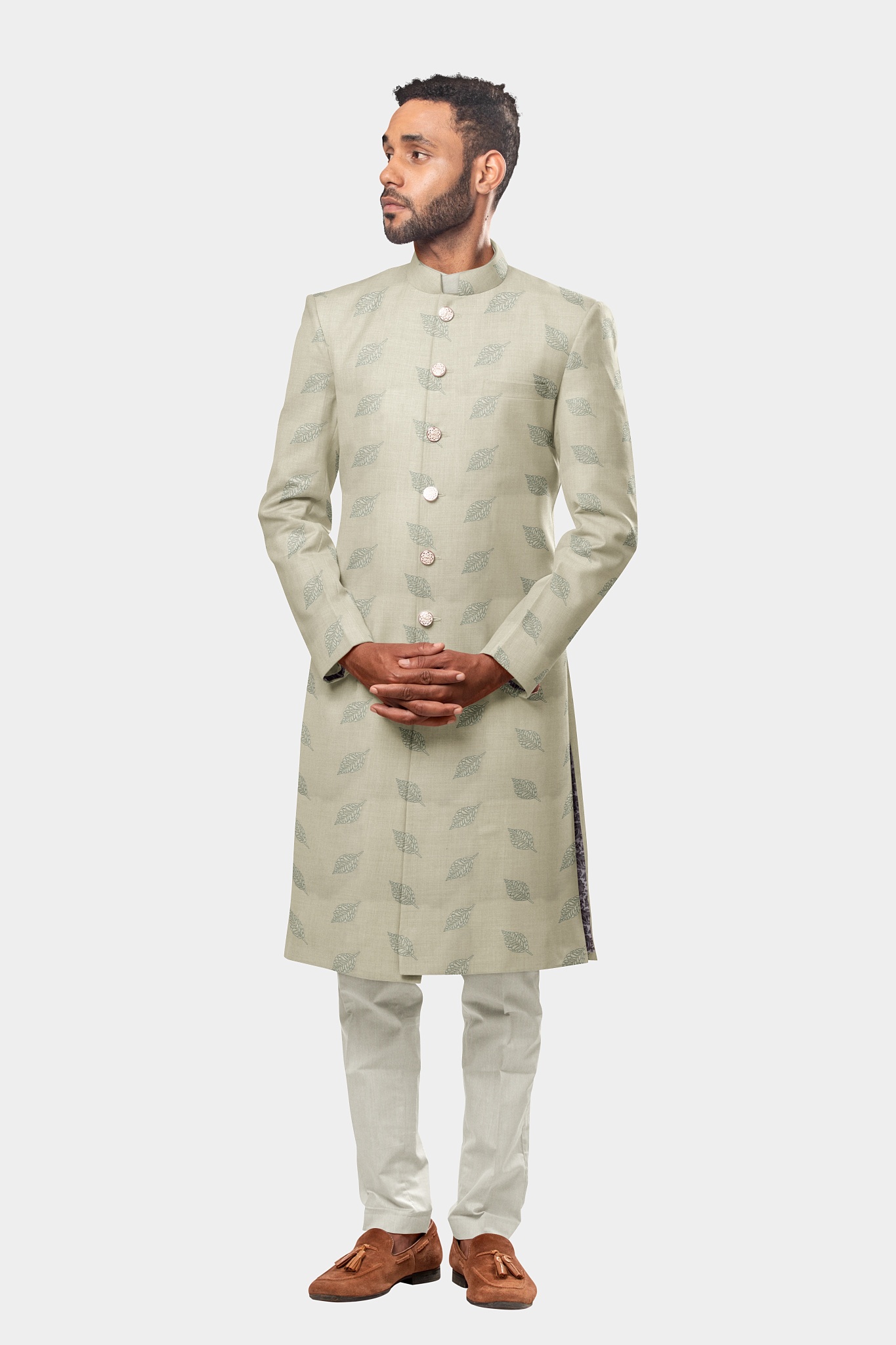 Dove Grey with Cornflower Blue and White Leaf Accents Sherwani 36JK